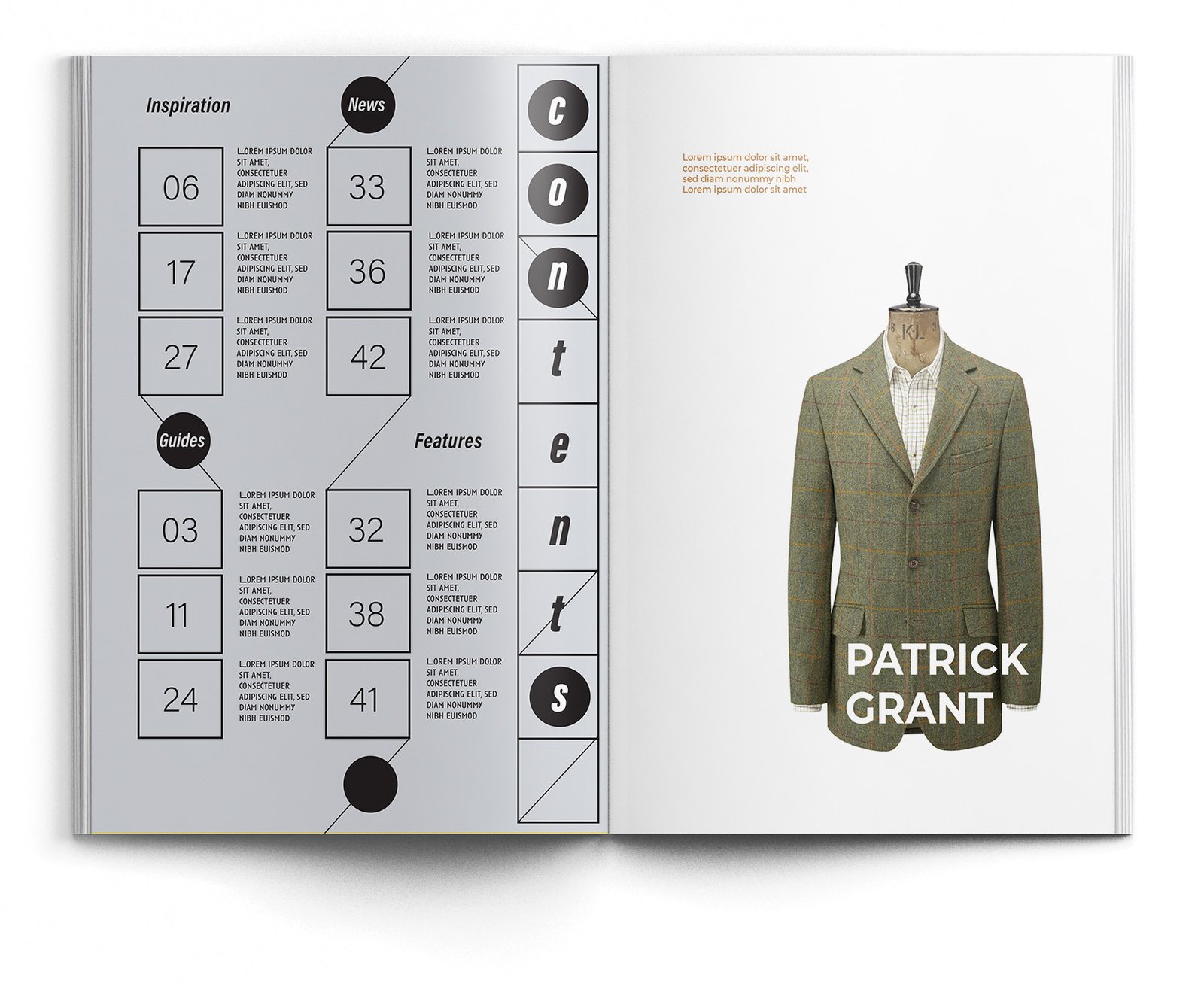 Open magazine spread with structured grid layout and garment imagery