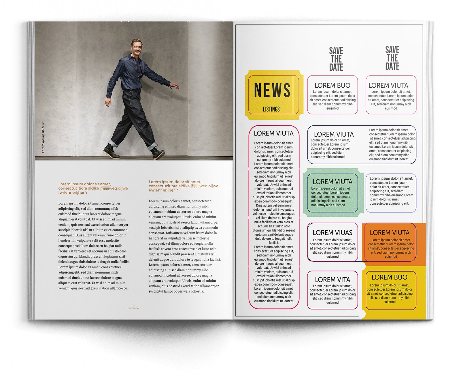 Open magazine spread with full-page model image and coloured text panels