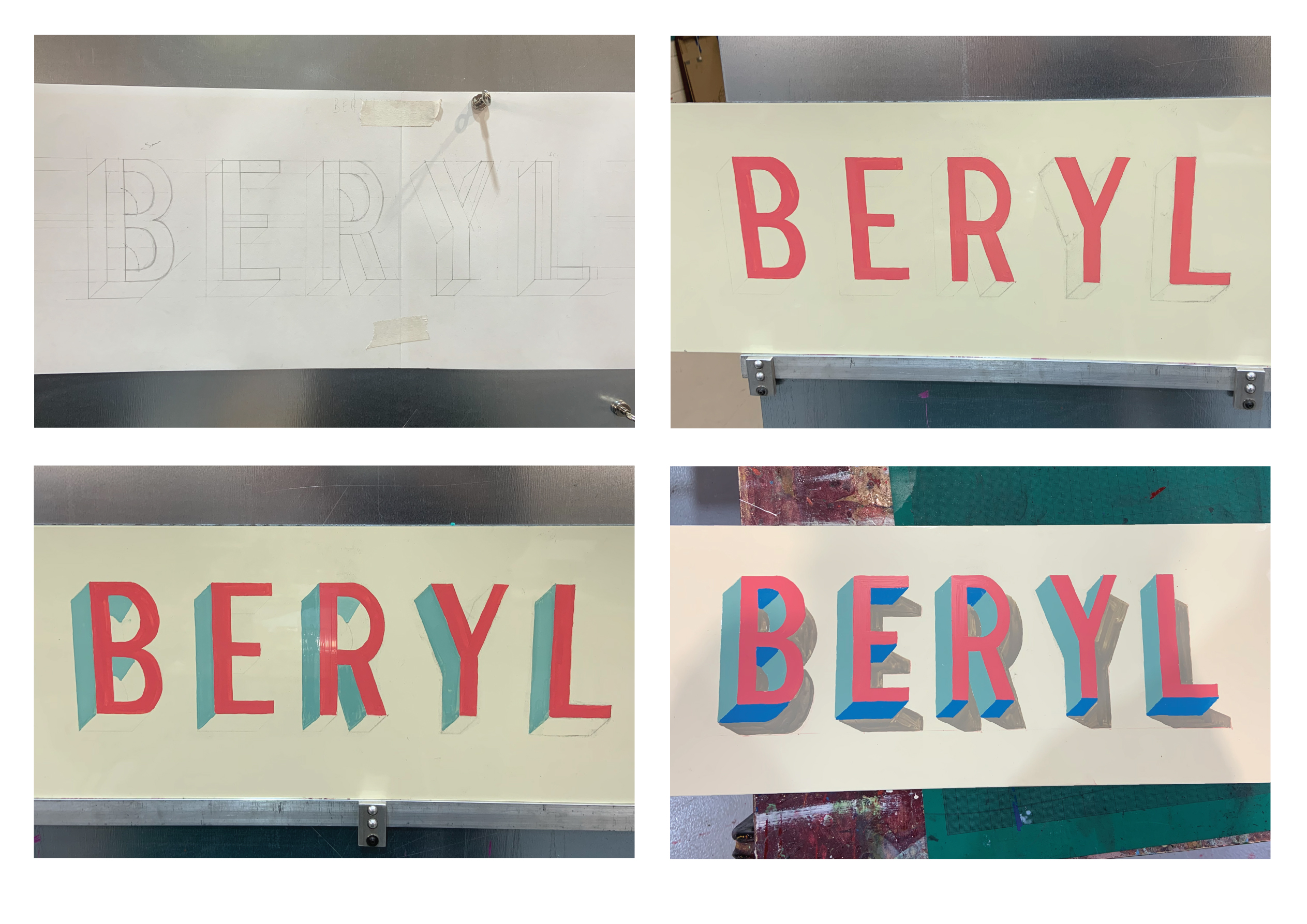 Four photos showing the stages of a hand-painted signwriting design, from initial pencil-drawn lettering and spacing layout to first colour, second colour, and the finished letterform with drop shadow