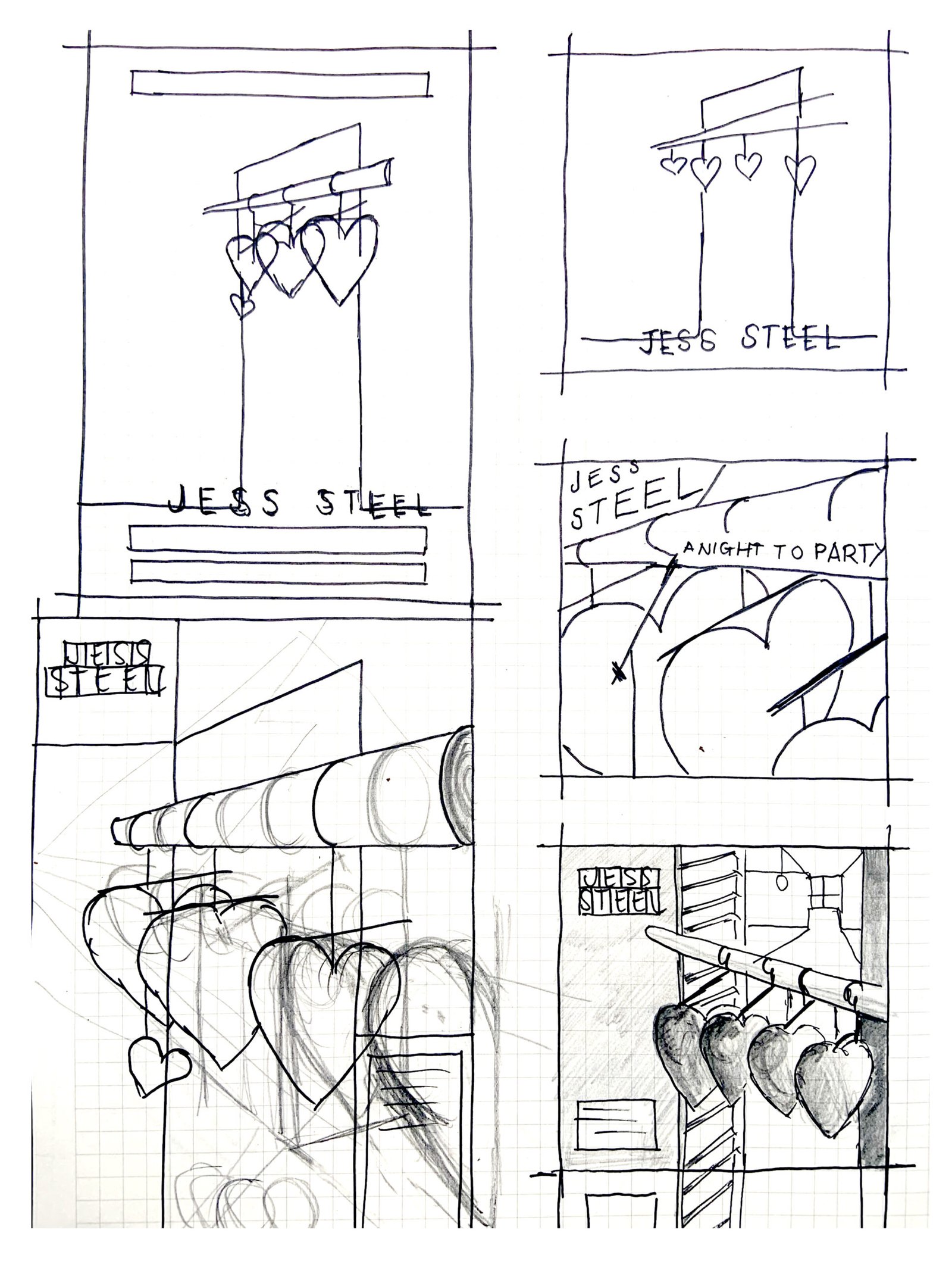 hand-drawn proces sketches for Jess Steel