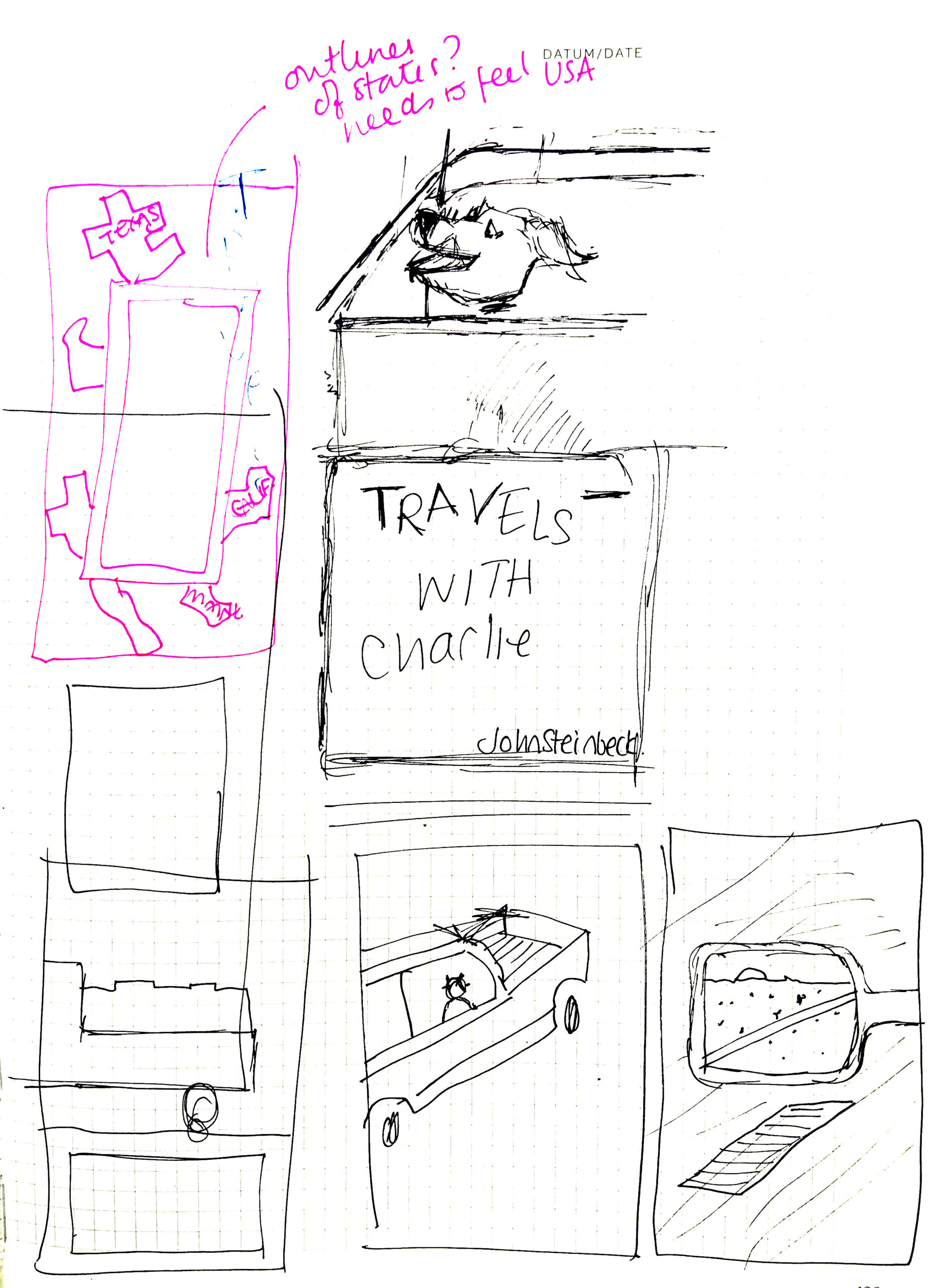 hand-drawn process sketches for Travel With Charley novel