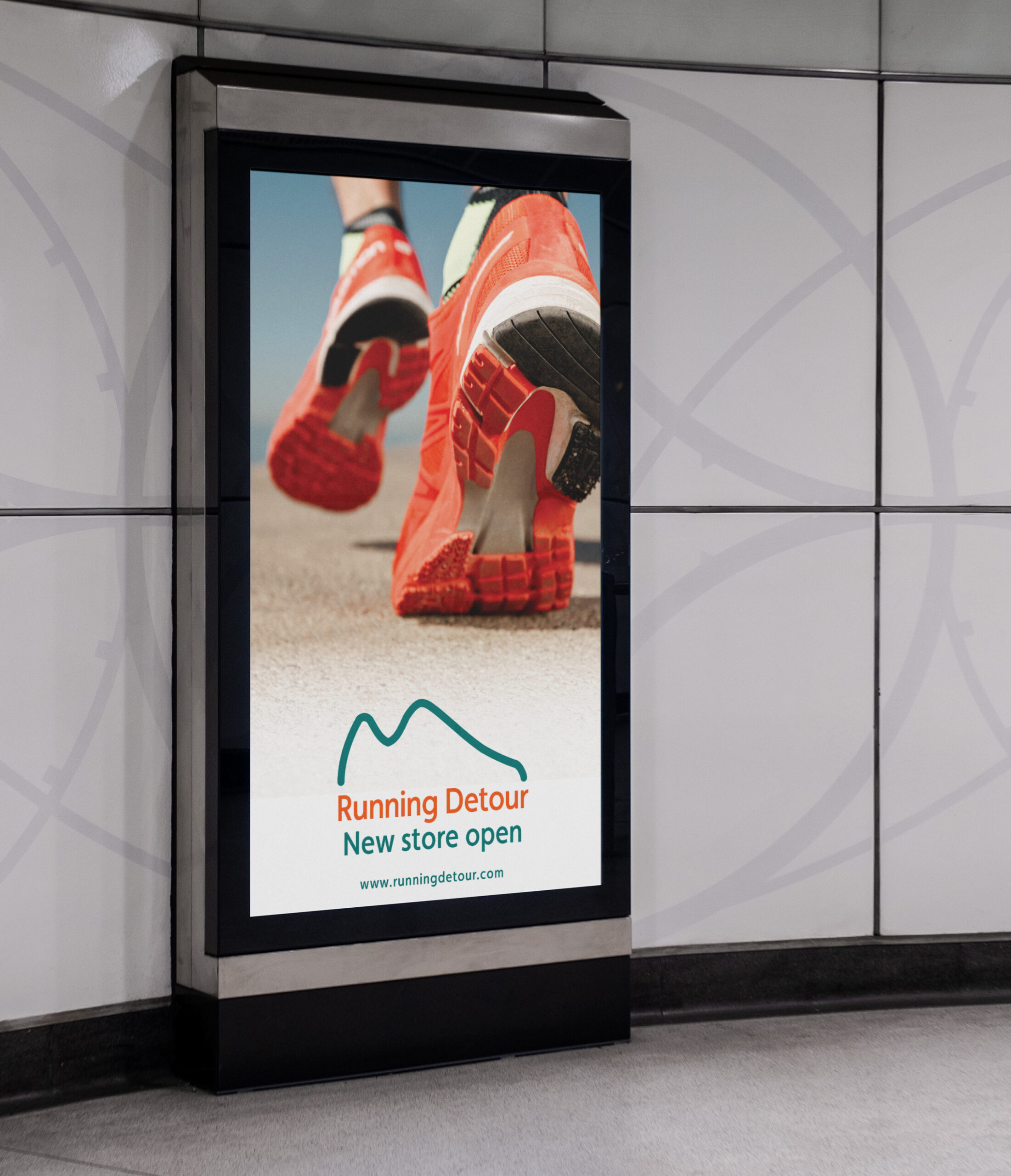 Outdoor advertising poster showing red running shoes and Running Detour logo