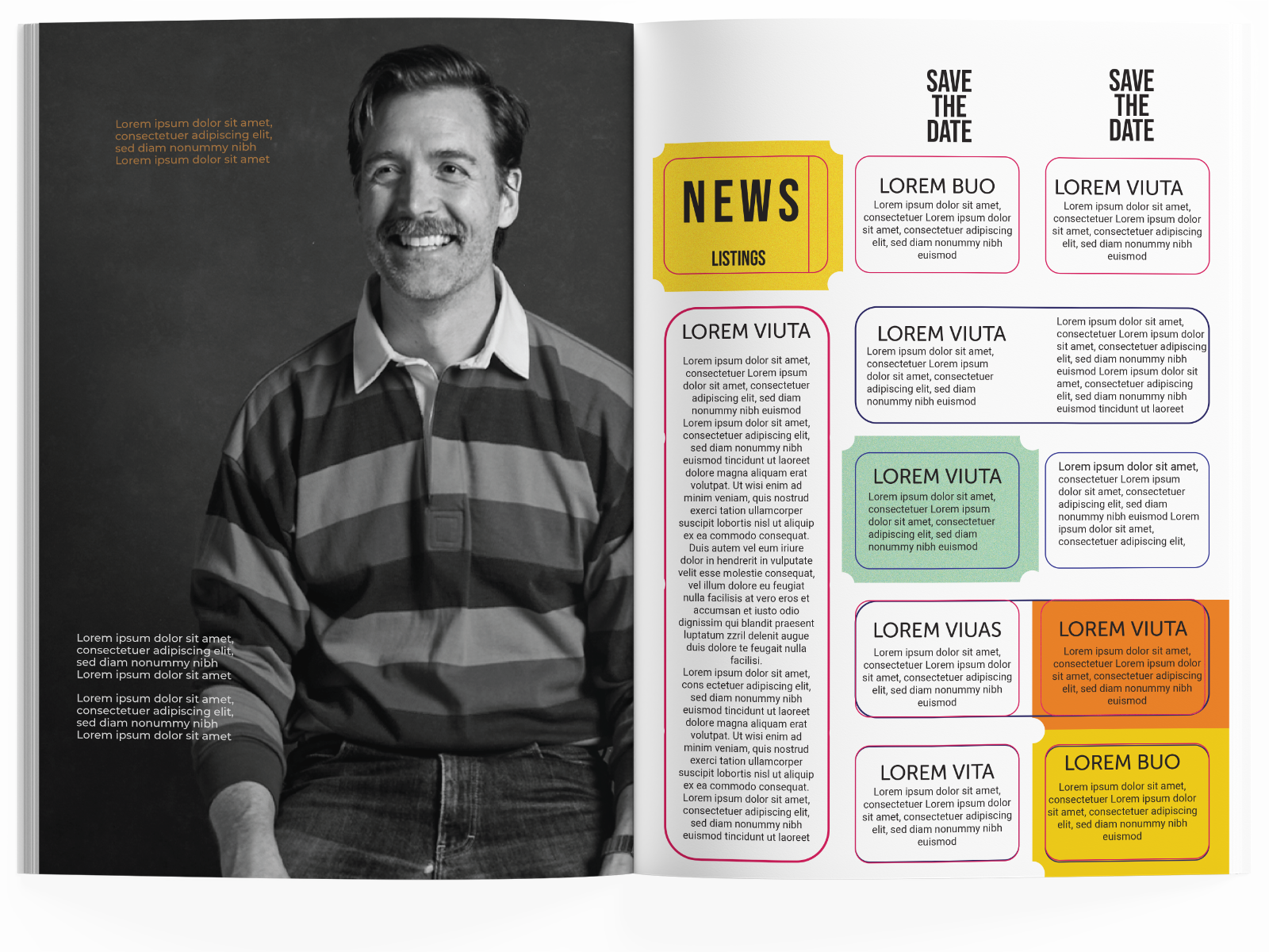 print design York Open magazine spread with full-page model image and coloured text panels